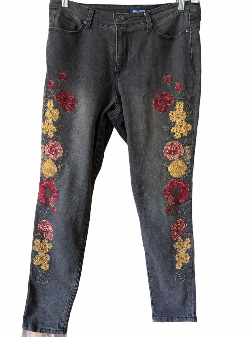 Bandolino lisbeth embroidered dark charcoal denim skinny jeans size 12.